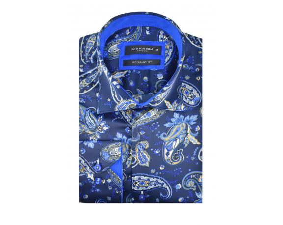SL 5483 Мужская синяя сатиновая рубашка с принтом Мужские рубашки