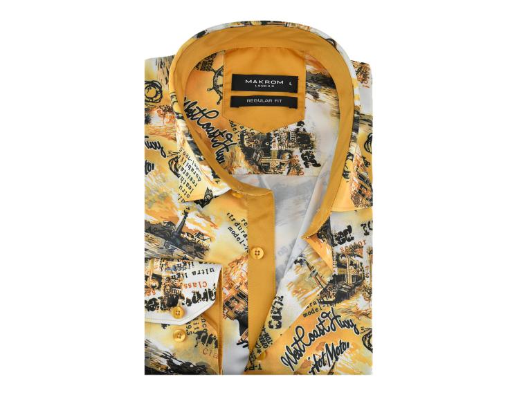 SL 5968 Men's yellow "sea print" satin long sleeved shirt