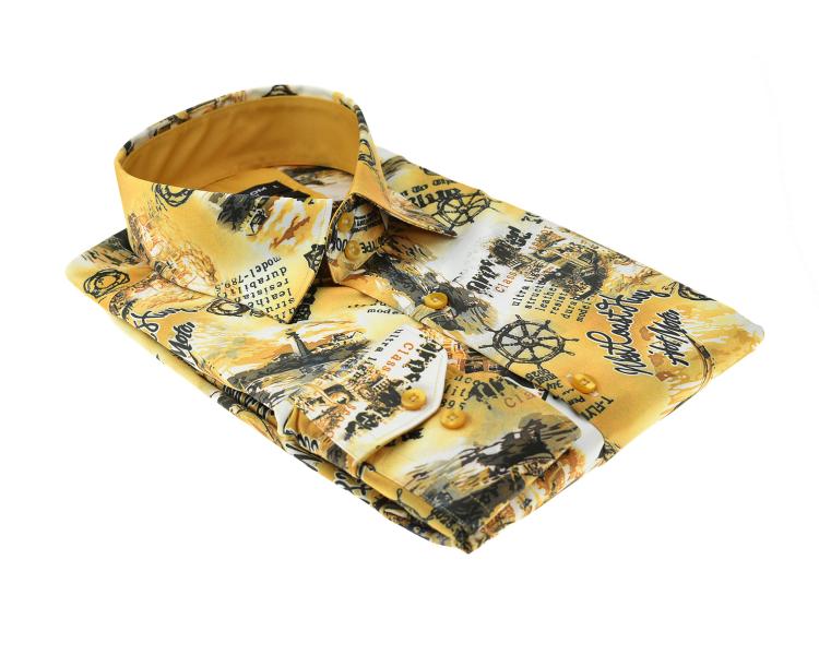 SL 5968 Men's yellow "sea print" satin long sleeved shirt