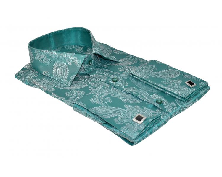 SL 446 Зеленая рубашка с узором Пейсли и двойными манжетами под запонки Мужские рубашки