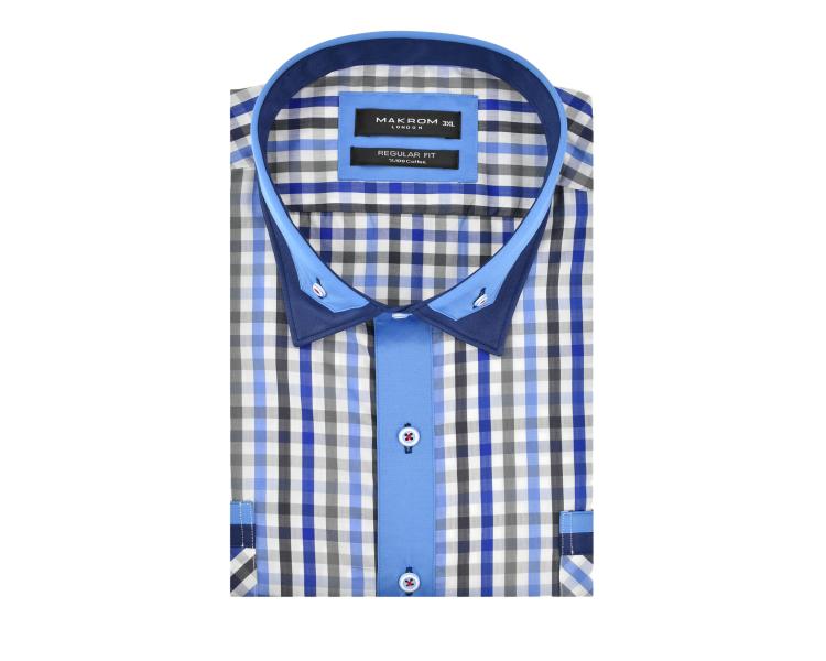 SS 6042 Синяя рубашка в клетку с двойным воротником и коротким рукавом Мужские рубашки