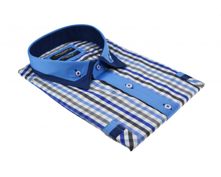 SS 6042 Синяя рубашка в клетку с двойным воротником и коротким рукавом Мужские рубашки