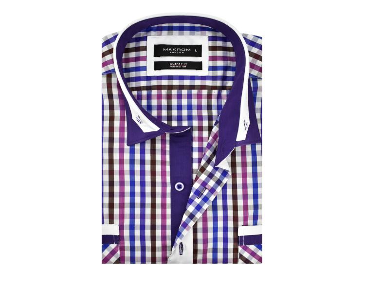 SS 6042 Фиолетовая рубашка в клетку с двойным воротником и коротким рукавом Мужские рубашки