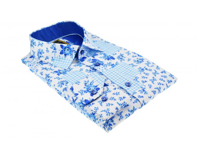 SL 6141 Белая рубашка с винтажным цветочным принтом "стиль росписи Гжель" Мужские рубашки