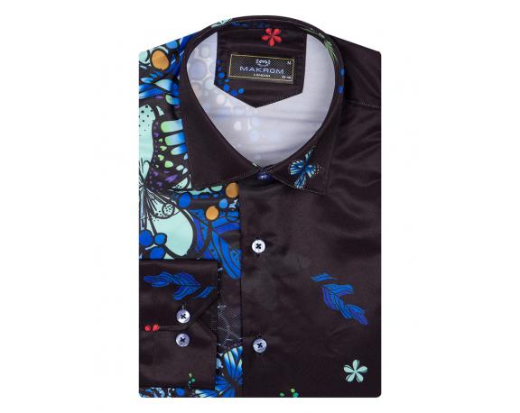 SL 6862 Черная рубашка с принтом цветных бабочек Мужские рубашки