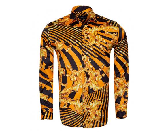 Men's yellow & black Baroque print satin long sleeved shirt