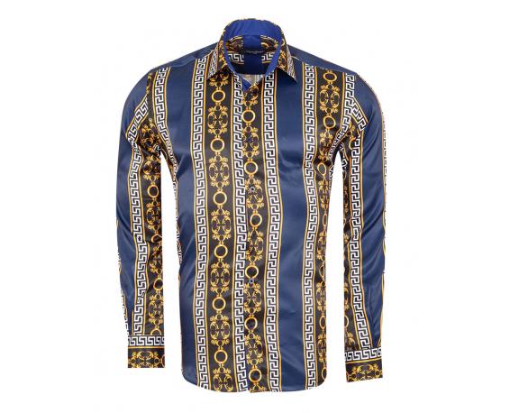 SL 7491 Синяя сатиновая рубашка с узором в стиле Барокко Версаче Мужские рубашки