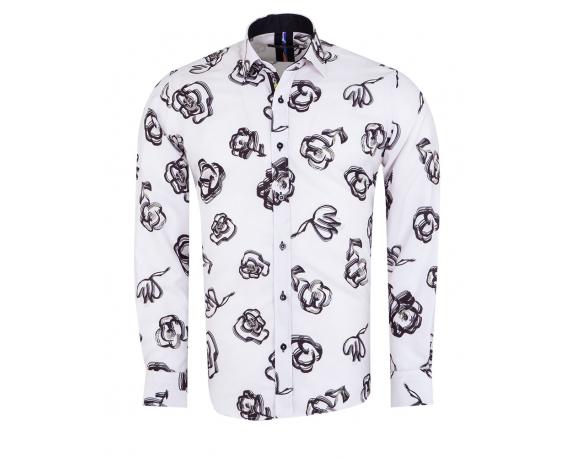 SL 7494 Белая рубашка с цветочным узором и черными вставками Мужские рубашки