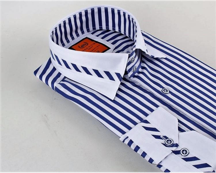 SL 5322 Men's dark blue & white striped cutaway collar long sleeved shirt