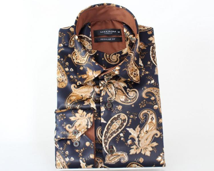 SL 5483 Мужская коричневая сатиновая рубашка с принтом пейсли Мужские рубашки