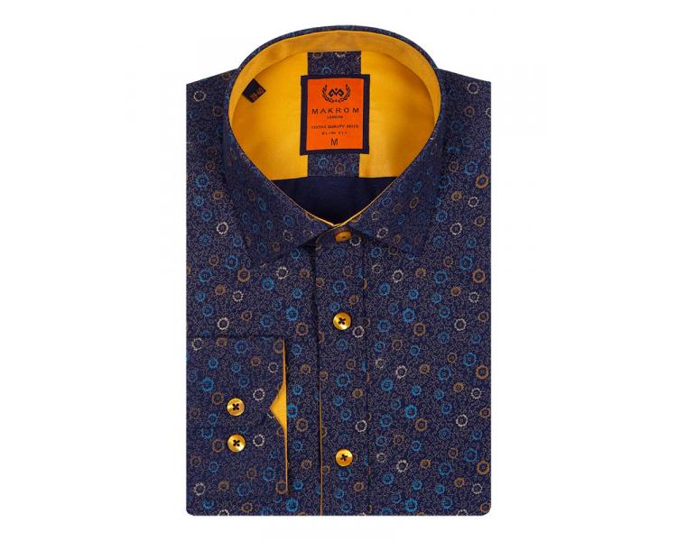 Темно-синяя рубашка с цветочным узором и желтыми вставками SL 6682 Мужские рубашки