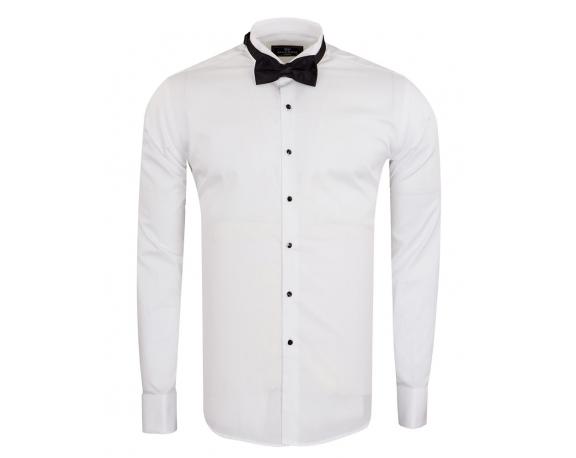 SL 7019 Белая рубашка под смокинг с двойными манжетами и бабочкой Мужские рубашки