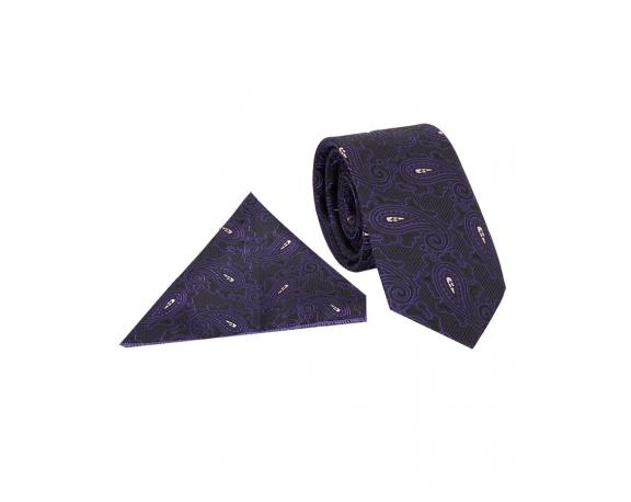 Men's black & purple paisley print tie and pocket square