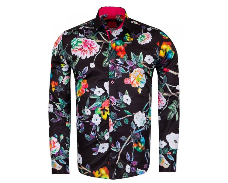 SL 6961 Черная мужская рубашка с цветочным принтом Мужские рубашки