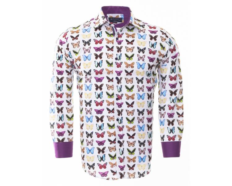 SL 6457 Белая рубашка с принтом разноцветных бабочек и длинным рукавом Мужские рубашки