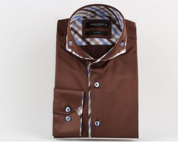 SL 5655 Мужская коричневая рубашка с двойным воротником и длинным рукавом Мужские рубашки