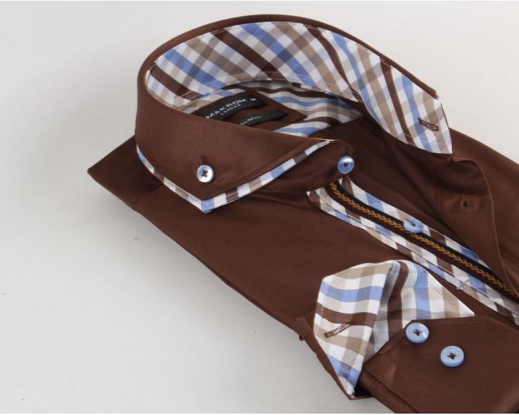 SL 5655 Men's brown double collar long sleeved shirt