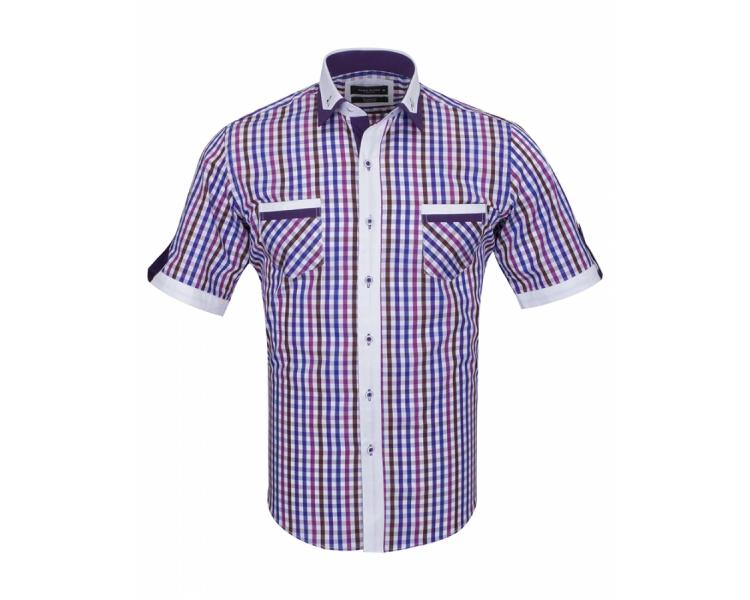 SS 6042 Фиолетовая рубашка в клетку с двойным воротником и коротким рукавом Мужские рубашки